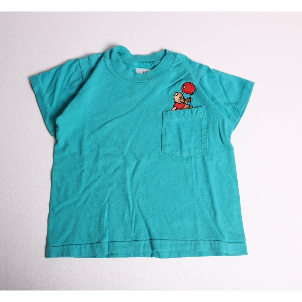 Vintage Disney Store Winnie the Pooh Pocket T-Shirt Teal Kids Small 6-8 Balloon